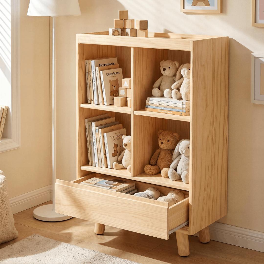 YOSHOOT 8 Cube Bookshelf with 2 Drawers - 42.5" Wood Cube Bookcase with Legs, Open Cubby Bookshelves for Bedroom, Living Room, Home Office, Nature
