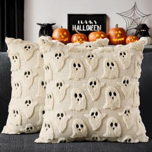 MIULEE Halloween Pillow Covers Cute Ghost Spooky Throw Pillows Set of 2 Soft Plush Faux Fur Decorative Cushion Covers for Couch Sofa Bed Porch Living Room Halloween Decor 18x18 inch Beige