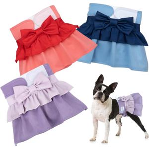 Pet Soft Female Dog Diapers - 3 Pack Washable Dress-Style Dog Diapers Female for Girl Dogs in Heat - Reusable Doggy Period Panties Puppy Diapers (Classic, S) (Small:10''-14'')