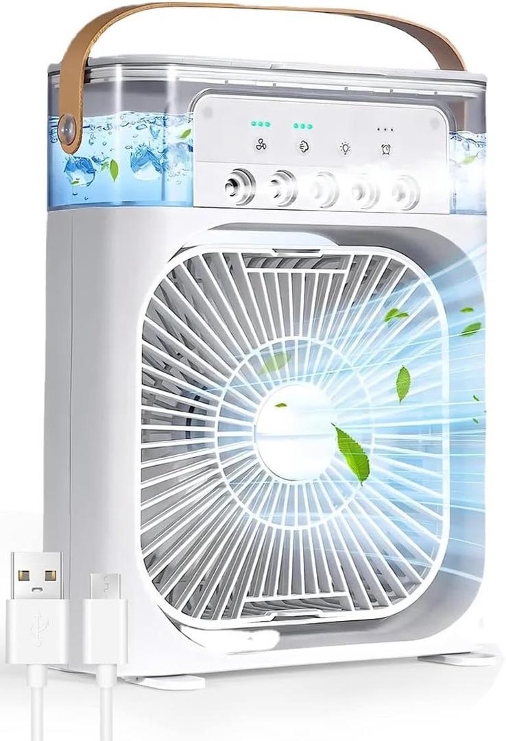 Portable Air Conditioners Cooling Fan, Evaporative Mini Air Conditioner Portable AC Unit with 3 Cool Mist & Speeds, 7 Night Lights & Timer, Personal Air Cooler for Bedroom Office Camping