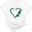 St. Patrick's Day Shirts for Women Irish Shamrock Heart Graphic Tee St Patty's Day T-Shirt Irish Valentines Day Tops, White, X-Large