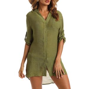 Swimsuit Coverup for Women 2024, V-Neck Beach Button Down Bikini Cover Ups Knee-Above Shirt Tops Extra Large,  Army Green