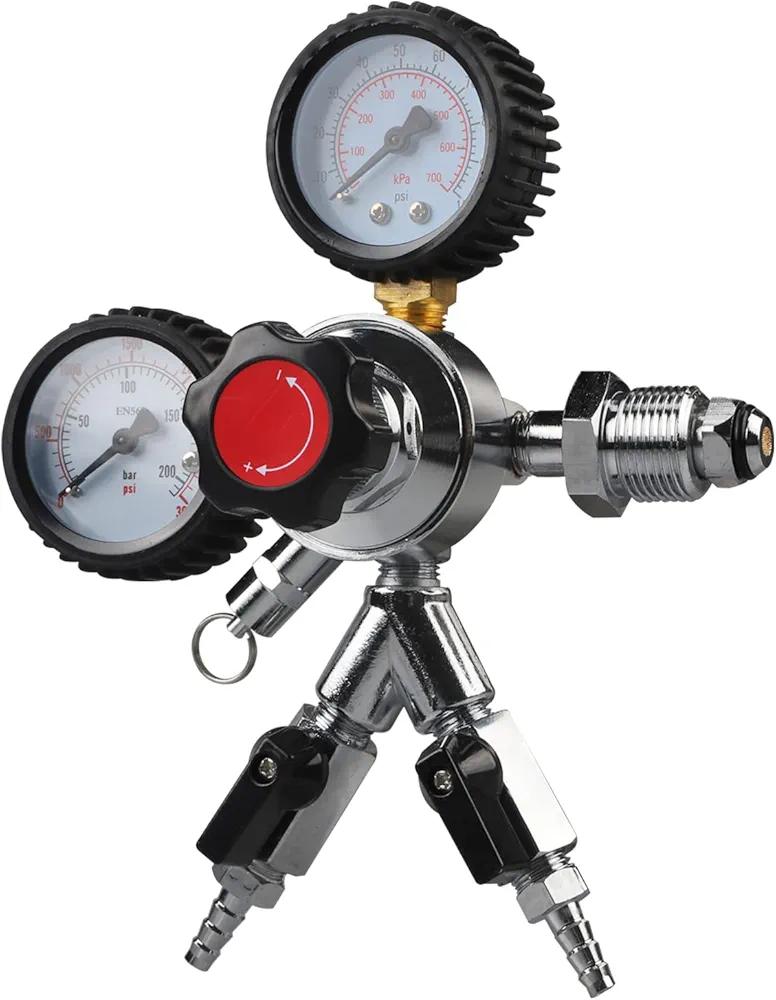 LUCKEG Dual Gauge Nitrogen Regulator - Draft Beer Nitrogen Keg Regulator with double 5/16" Outlet Barb 0-100 psi and 0-3000 psi pressure table Pressure Release Valve Free Worm Clamps CGA-580