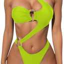OYOANGLE Women's Ring Linked Cut Out One Shoulder One Piece Swimsuit High Cut Bathing Suits (Large, Lime Green)
