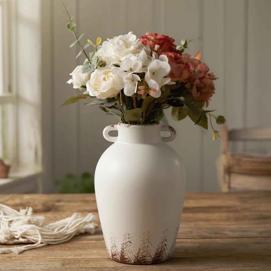 LOMANDA White Ceramic Vase with 2 Handles, Rustic Farmhouse Vase for Flower Christmas Pine Branches Table Shelf Decor Boho Decorative for Living Room Bedroom Kitchen Centerpiece Decorations, 8 inch