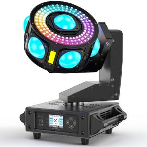 DJ Moving Head Light,XYZ 3-Axis Infinite Rotating 7 LED Beams Stage Lighting with 108x0.2W Colorful Circle,Starry,Amber Strobe Effect,Sound Activate DMX512 19/25CH for Disco Party Wedding Live House (Black)