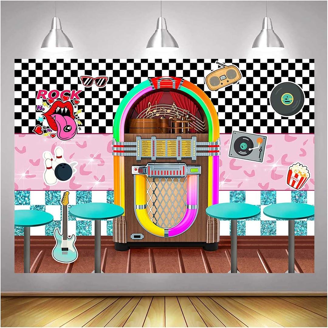 XLL Rock Roll Party Back to 50's Sock Hop Photography Background Back to 1950s Soda Shop Photo Backdrops 50s Retro Diner Time Rock Roll Classic Party Decoration Banner 7x5ft