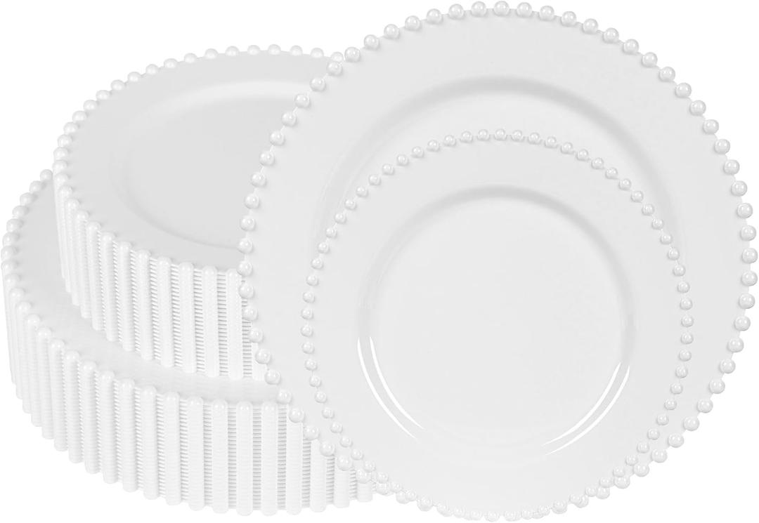 60 Pcs White Plates, Beaded Design Disposable Plastic Plates for 30 Guests, Fancy Party Dishes 7.5 inch Dessert Plate and 10 inch Dinner Plate for Party, Bridal Shower