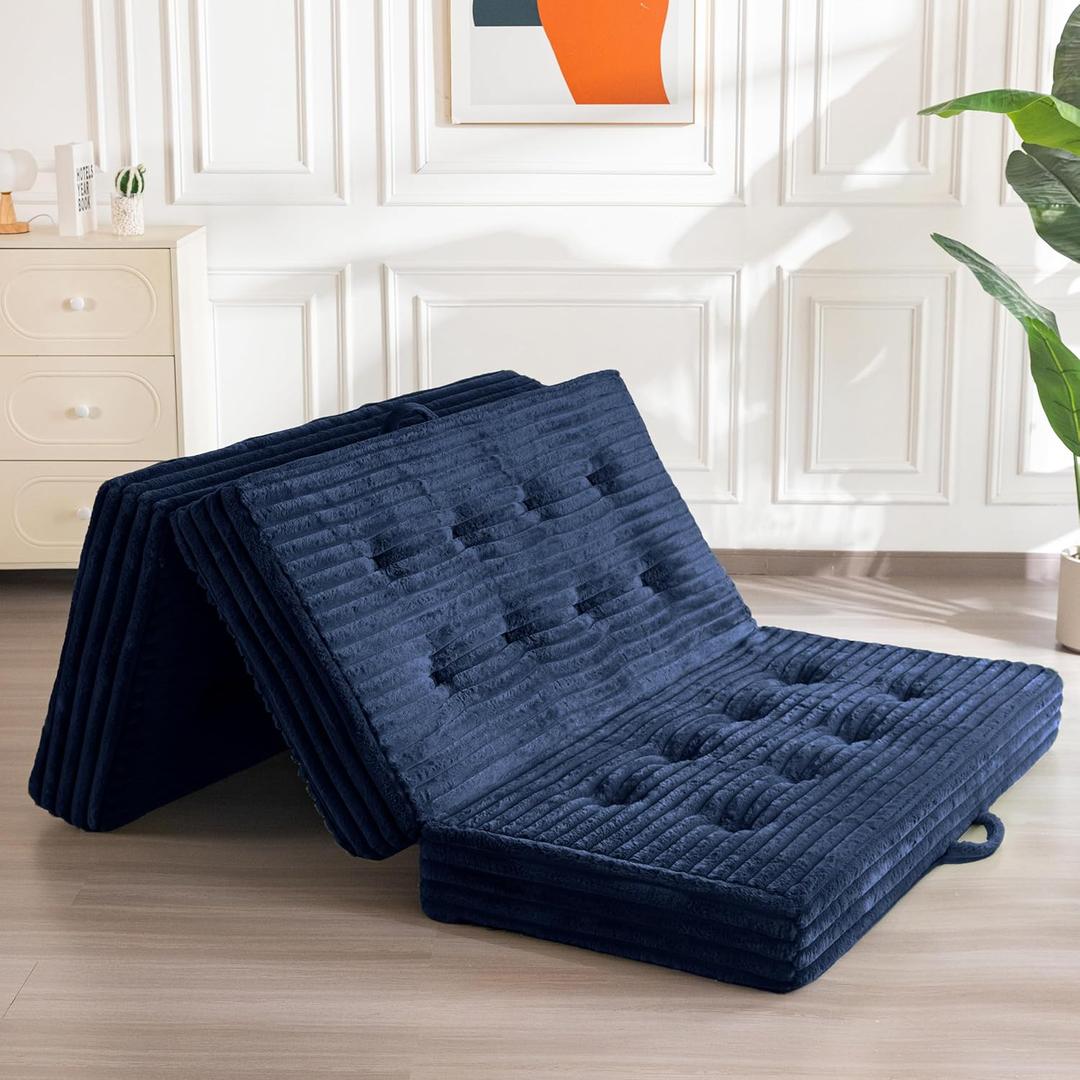 MAXYOYO Folding Mattress with Handles, 6 Inch Tri-Fold Mattress Floor Sofa Bed, Soft Faux Fur Folding Bed with Supportive Foam Filling, Portable Guest Couch for Sleeping, Full, Navy