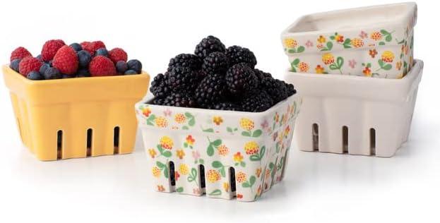 BIEN BEAU Farmhouse Ceramic Berry Basket, Colander, Farmers Market square Bowl. Rustic Kitchen decor fruit bowls, Fruit Baskets, Yellow, White and floral pattern Stoneware Harvest Bowls Set of 4
