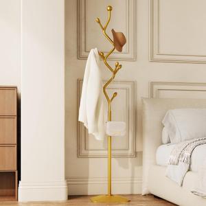 Tree-shaped coat rack stand,Metal coat tree with 8 Hooks and sturdy cast iron base,Heavy Duty coat rack freestanding coat hanger stand for Clothes Hats Scarfs Purses (gold)