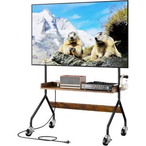 Rolling TV Stand with Power Outlet, Mobile TV Cart for 32-75 Inch TV Screen up to 110 Lbs, Easel Portable TV Stand on Wheels with Shelf for Bedroom, Corner, Living Room - V1