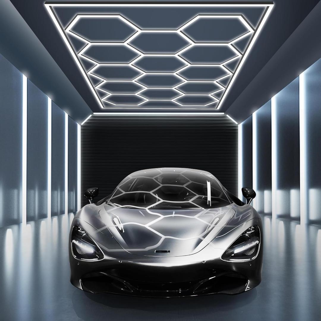 MODERN Hexagon Garage Light: Higher Brightness 720W 86400 Lumens Hexagon Led Garage Light with Rectangle Frame 6500K for Garage, Basement, Warehouse, Auto Beauty Shop, Car Detailing Shop etc., 14 Hex+border