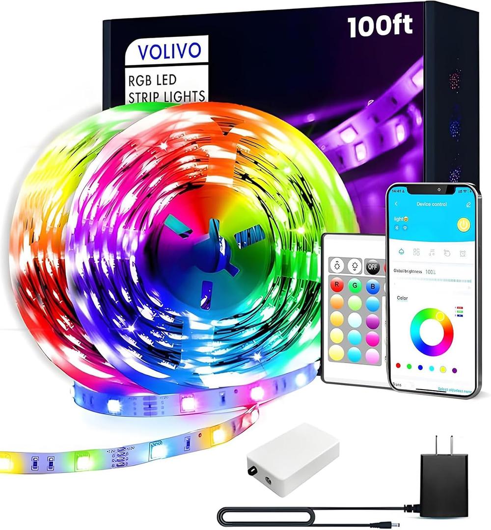 VOLIVO 100ft Led Strip Lights for Bedroom, Color Changing Led Light Strips Kit with 24 Keys IR Remote and Smart App Control, RGB Music Sync Lighting for Room, Home Decor