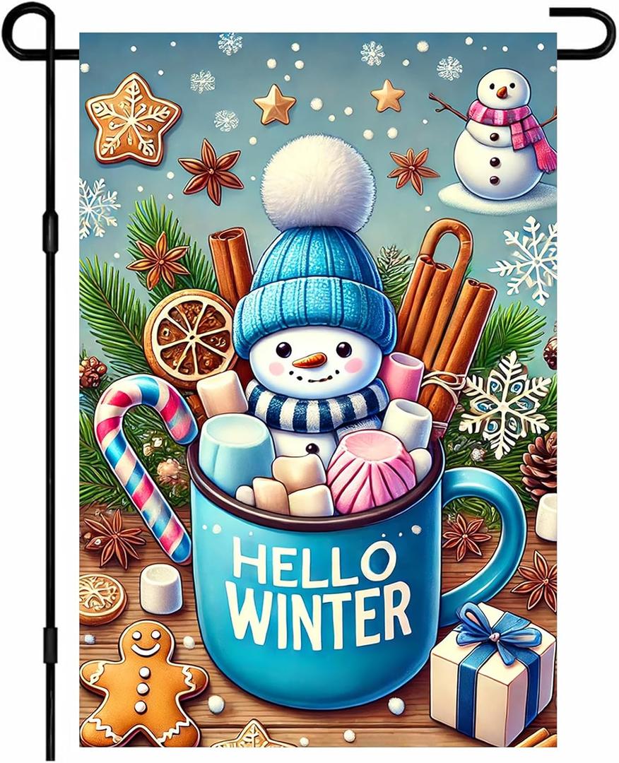 IVN Hello Winter Garden Flag 12x18 In Double Sided Polyester Snowman Yard Banner Christmas Outdoor Decor Cute Hot Cocoa Decoration Holiday Lawn Sign Rustic Blue Porch Flag for Patio Path or Garden