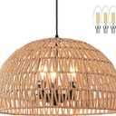 17.6 inch Hemp Rope Woven Pendant Light Wicker Pendant Light 3-light Rattan Light Fixture Boho Chandelier Farmhouse Chandelier Dome Pendants Light for Dining Room Bedroom Kitchen(Bulb Incl