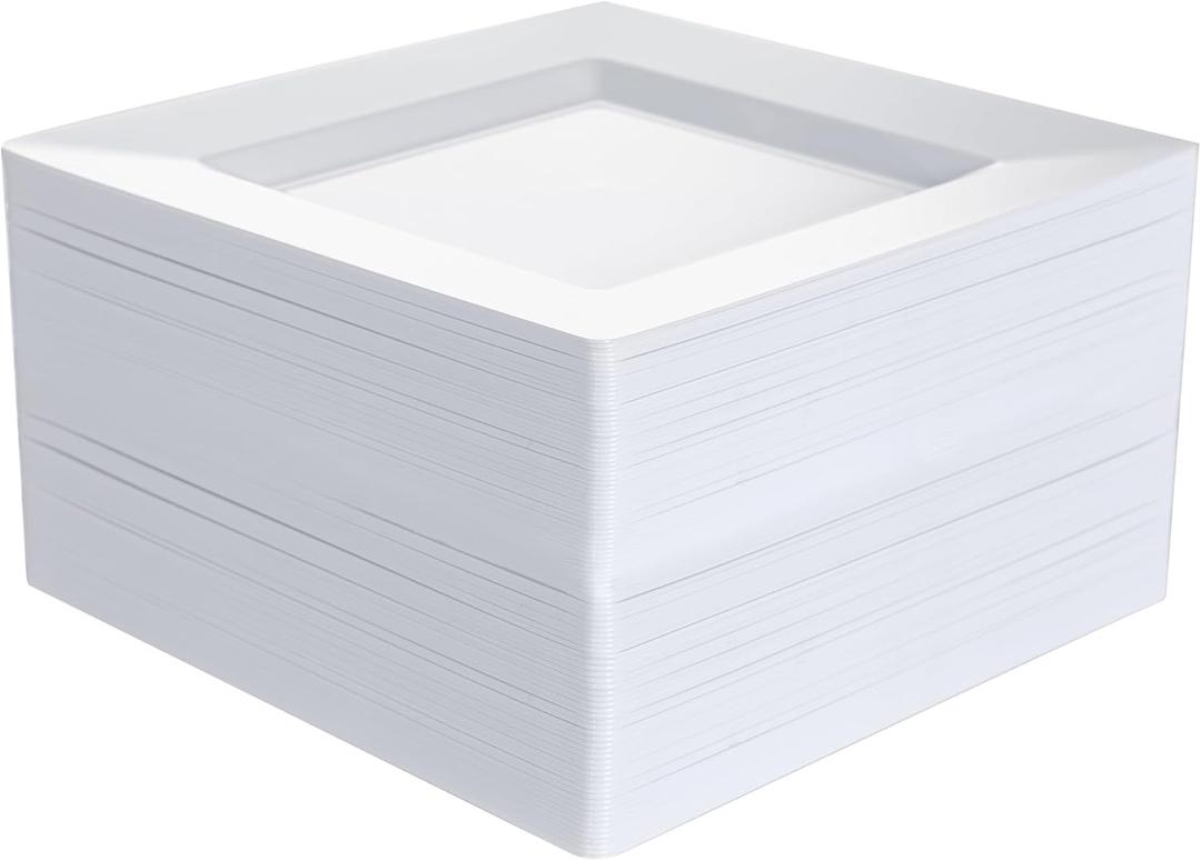 100 PCS White Plastic Dinner Plates, 9.5" Square Heavy-Duty Disposable Plates Dessert Plates Serving Dishes for Wedding, Party, Easter, Christmas