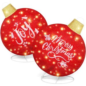 Honoson 2 Pcs Christmas Giant Light Up Ornaments Outdoor 24 Inch Lighted Pop-Up Ball Christmas Ornament Set Large Outside Holiday Christmas Decorations for Yard Lawn(Red,Joy and Merry)