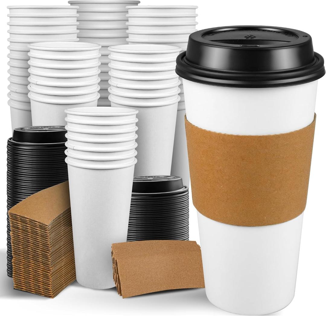 Ginkgo 100 Pack 20 oz Disposable Paper Coffee Cups with Lids and Sleeves, To Go Hot Coffee Cups for Hot Chocolate, Cocoa, Tea and Drinks