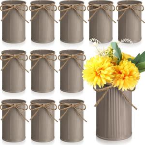 Domensi 4.33 Inch Petite Farmhouse Vase Decor Vintage Flower Vase with Twine Bow Rustic Galvanized Metal Buckets for Artificial Flowers for Table Centerpiece Weddings(Brown,12 Pcs)
