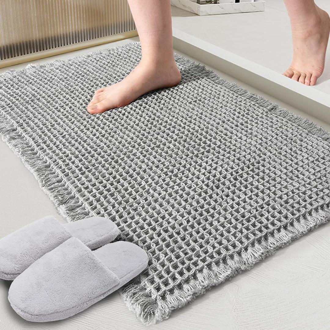 ZALL Grey Waffle Bath Mat,Super Absorbent Non Slip Bathroom Rug,Gray 17x24 inch,Machine Washable Ultra Soft Floor Mats