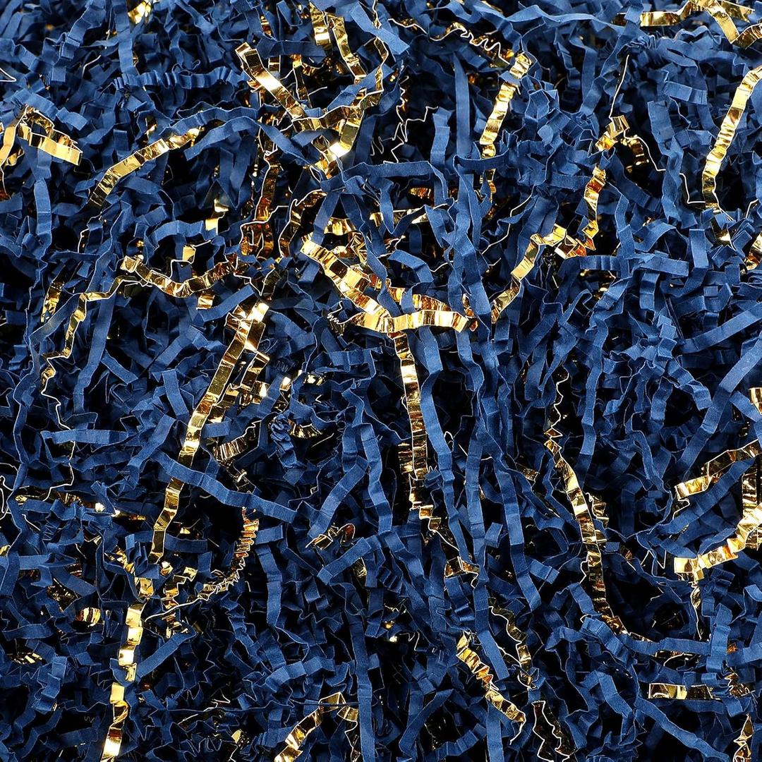 Outus 2 LB Blue Gold Crinkle Cut Paper Shred Filler Metallic Shredded Papers Confetti Gift Boxes Basket Crinkle Paper Filler Packing Tissue 250 Anniversary Birthday Graduation USA Gift Wrapping