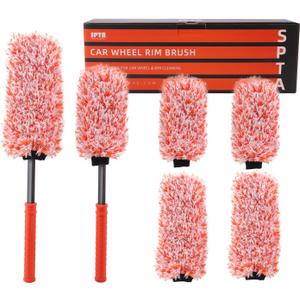 SPTA Car Wheel Brush Set, 2Pcs Microfibre Rim Brush with Extra 2 Large and 2 Small Interchangeable Microfiber Covers, Rim Cleaner Brush for Wheel Cleaning, Wheel Cleaning Brush for All Wheel Types