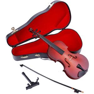 Wooden Miniature Violin with Stand, Bow and Case Mini Musical Instrument Violin Replica Collectible Figurines Dollhouse Accessories Model Home Decoration Display Ornament (9.84"x3.54"x1.51")