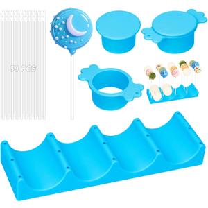 Silicone Cake Pop Mold Set, Round Cake Pop Cutter with Pusher, Tray and 50 Sticks, 15-Hole Cake Pop Holder, DIY Baking Molds Kit for Parties, Wedding, Home Desserts Making - Blue