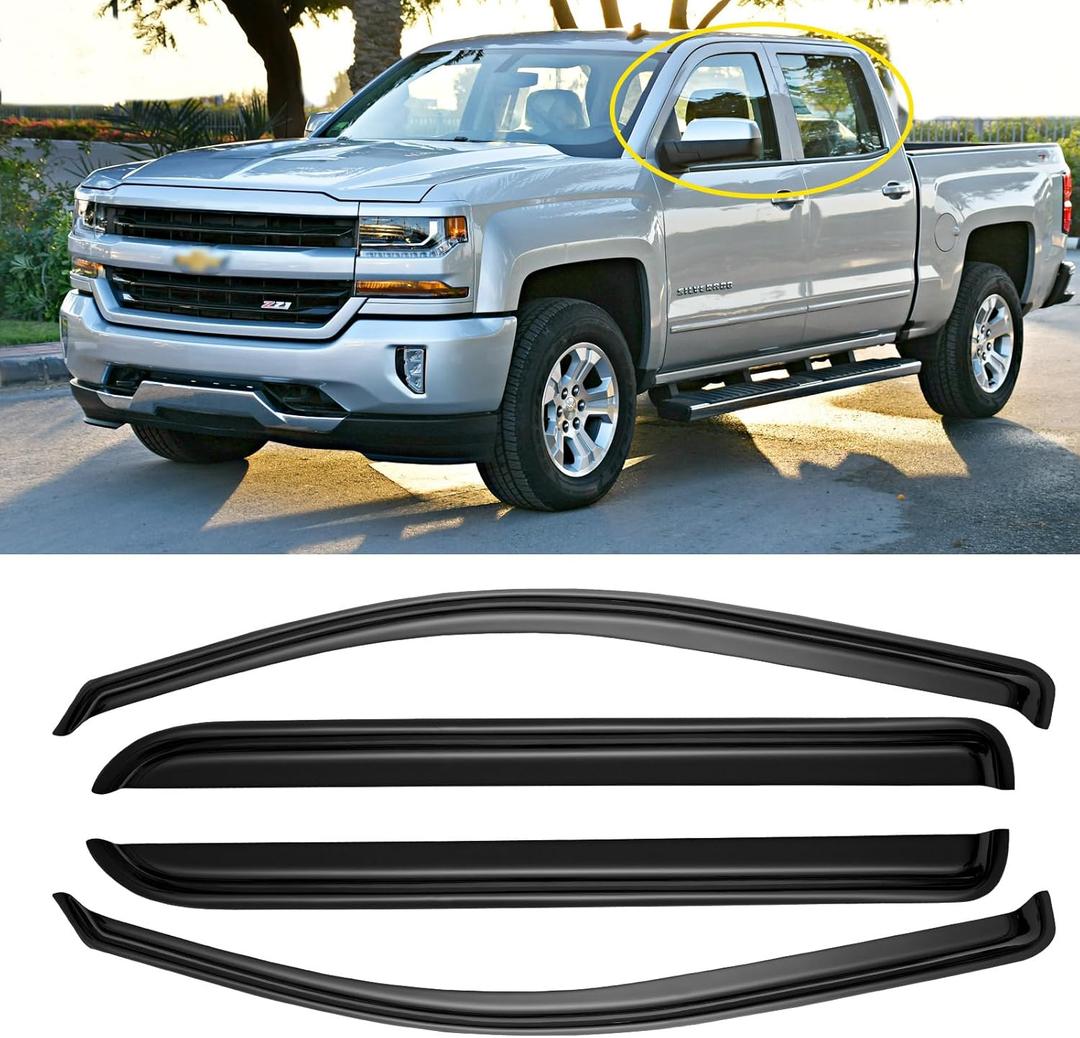 Window Rain Guards for 2014-2018 Chevy Silverado/GMC Sierra 1500 Crew Cab & 15-19 Silverado/Sierra 2500HD 3500HD, Window Visor Vent Wind Shade Deflector Shield Protector Sun, for Full-Size Cab Only
