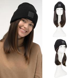 Benehair Beanie Wig Hair Extensions, Knitted Hats with Synthetic Bob Wig Hairpieces for Women Winter, 11 Inch Short Straight Brown Mix Blonde Hair with Black Beanie