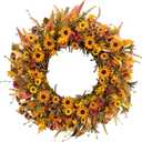J'FLORU 28 Inch Artificial Fall Wreath Large Fall Wreaths for Front Door Autumn Wreath with Daisy and Lavender Berry Fall Leaves for Wall Fireplace Farmhouse Thanksgiving Day Harvest Festival Decor