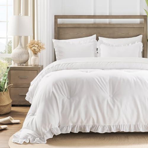 QUIETSEA Queen Bed in a Bag 7 Pieces Comforter Set Queen, Ruffle Shabby Chic Bedding Comforter Set White Bed Set with Comforter, Pillowcases, Flat Sheet, Fitted Sheet and Pillow Shams