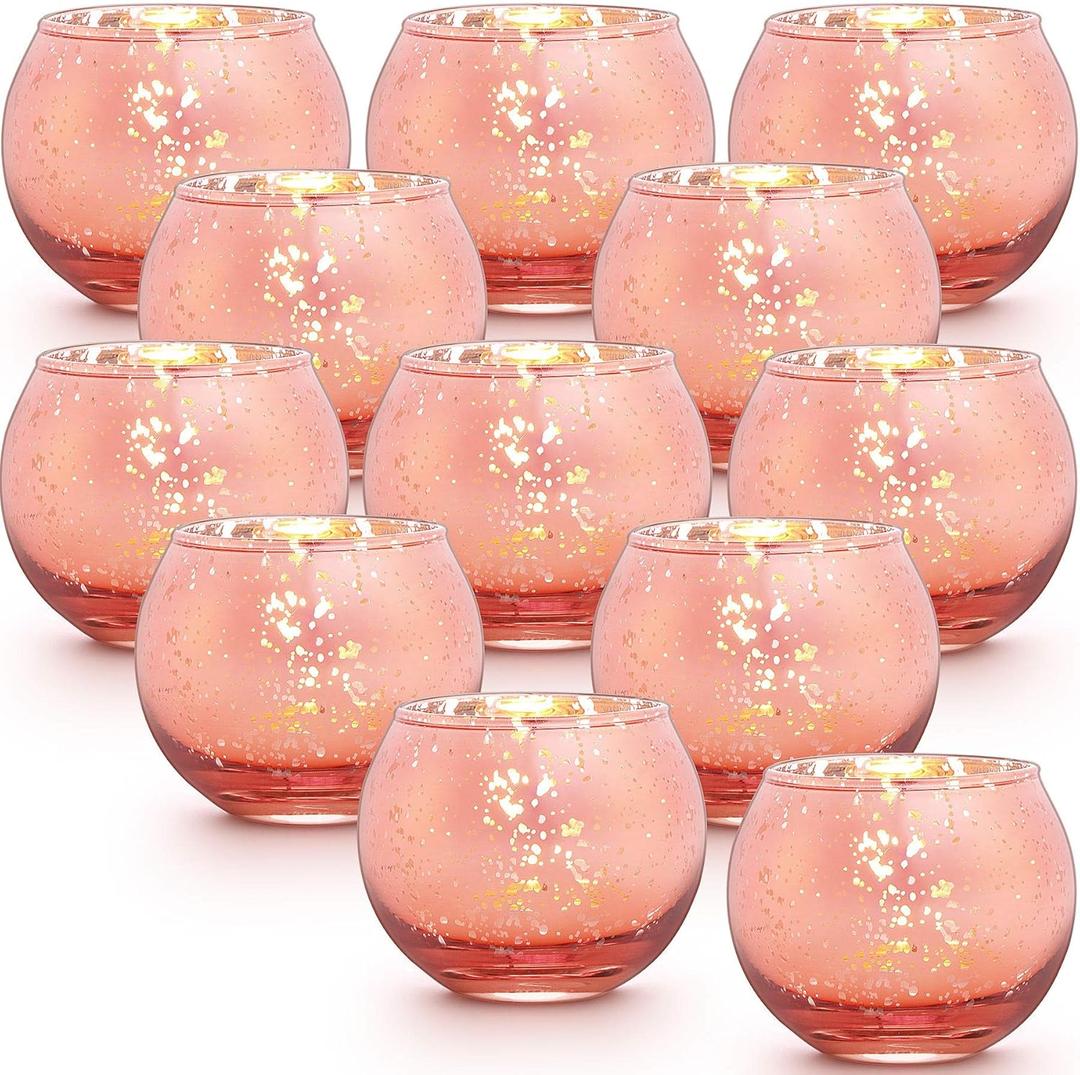 12 Pcs Rose Gold Candle Holders for Birthday Party Decorations- Mercury Glass Votives Tea Lights Holders for Wedding/Bridal Shower/Mother's Day Table Centerpieces, Rose Gold Party Supplies for Women