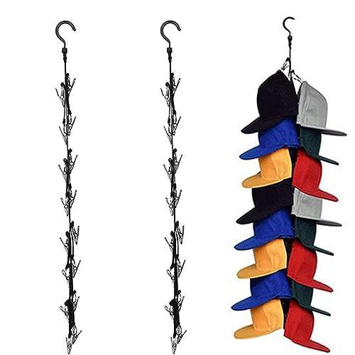 BetterJonny 2 Pack Hanging Hat Organizer Rack, 16 Stainless Steel Hat Storage Clips Holder for Men or Women Closet Hook Cap Holder (Black)
