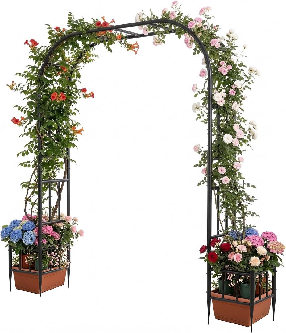 Garden Arch with Planter Boxes, Metal Arbor Trellis for Climbing Plants Outdoor, Heavy Duty Iron Archway for Wedding Ceremony Party Backyard Lawn Patio Decor, Black