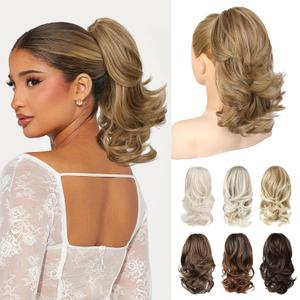 Ponytail Extension - 14" Claw Clip in Ponytail Hair Extensions Natural Soft Synthetic Layered Wavy Pony Tail Hair Pieces for Women - Light Brown with Highlights