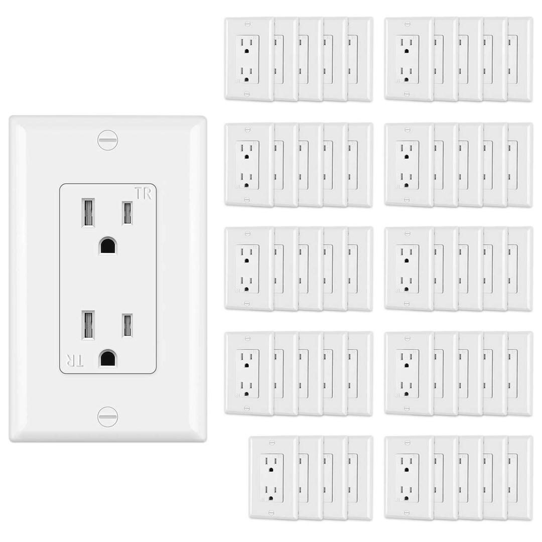 CML Decorator Wall Recetpacle Outlet, 50 Pack Tamper Resistant 15 Amp Standard Electrical Outlets, 15A/125V, 2 Pole 3 Wire, Wallplate Included, UL Listed, White