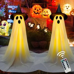 Halloween Decorations Outdoor & Indoor Decor - 2 Pack 59-inch Remote Control Spooky Ghost String Lights with Witch Hats, Halloween Lights for Porch, Yards, Patio, Garden Lawn, Party