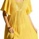 Women Swimsuit Cover Up Short Sleeve Bikini Coverups Crochet U-Neck Beach Dress (Small, Yellow)