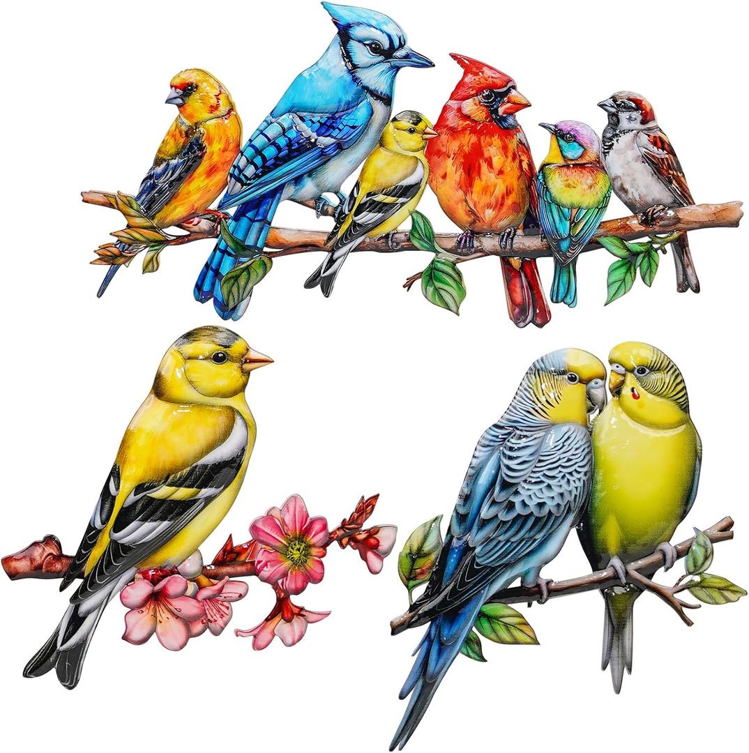 YOADEHOA Metal Wall Art Decor Birds on Branch, 3D Colorful Bird Outdoor Hanging Wall Art Patio Fence Decorations, Hummingbird Wall Sculptures for Indoor Outdoor Garden (Birds C)