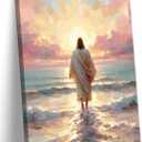 Pink Jesus Walking On Water Canvas Wall Art Christian Bible Paintings Prints Religious Spiritual Faith Wall Decor Religious Savior Posters Pictures for Living Prayer Church Bedroom Framed, 24"L x 16"W