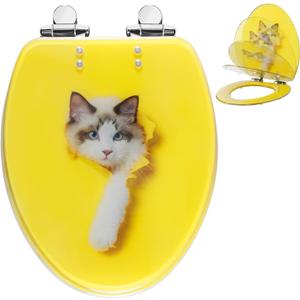Elongated Resin Toilet Seat Cat Bathroom Decor, Slow Quiet-Close Lid and Seat Heavy Duty for Standard Toilets, Easy Installation & Cleaning (19-Inch,Yellow Cat,Upgraded hinge)