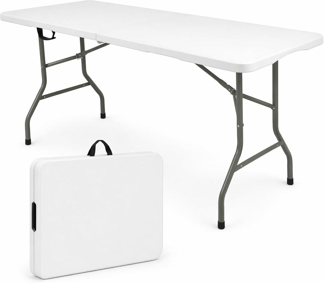 HAISIWLKJ Folding Table 6 FT Lightweight Camping Table White Portable Plastic Rectangular Outdoor Dining Table Steel Legs Fold-in-Half with Carrying Handle for Indoor,Picnic,Party,Wedding,Events