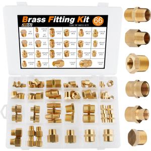 KOOTANS 66pcs Brass Pipe Fittings Assortment NPT Adapter Fitting, Reducer Bushing, Hex Nipple, Reducing Hex Coupling, Pipe Head Brass Plug Kit