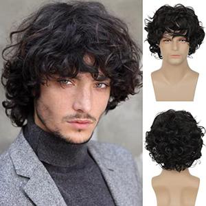 Mens Short Curly Black Wig with Bang Synthetic Cosplay Halloween Costume Party Natural Hair Wig