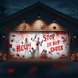 Tioncy Halloween Garage Door Cover 7x16ft Spooky Single Garage Door Banner Scary Ghost & Bloody Handprints Decor with Grommets, Do Not Enter Banner for Outdoor Party Horror Decorations