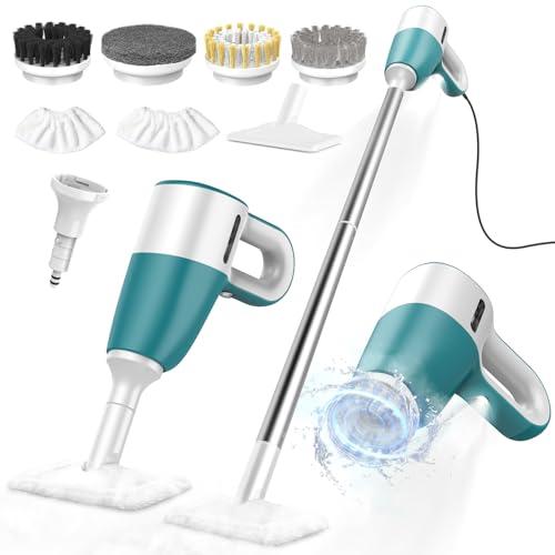 Steam Cleaner with Electric Spin Scrubber, 2-in-1 Pressurized Handheld Steam Cleaner with Detachable Long Handle, Continuous Steam, Chemical-Free Steamer for Cleaning Floor, Tile, Grout, Bathroom&Car