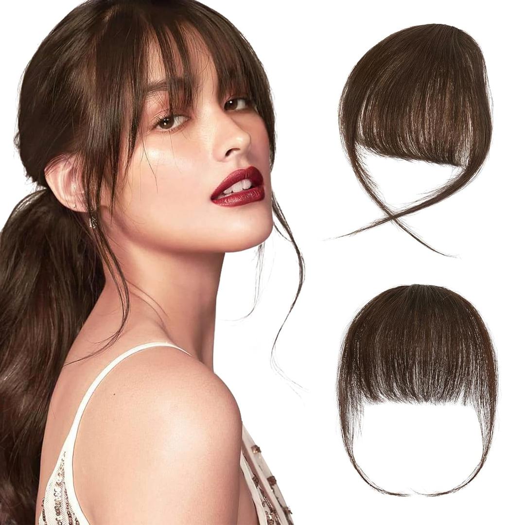 SOFEIYAN Clip in Bangs 100% Real Human Hair Extensions Clip On Wispy Bangs Air Bangs Fringe With Temples Hairpieces Brown Natural Hair Clip in Hair Extension Curved French Bangs for Women Daily Wear