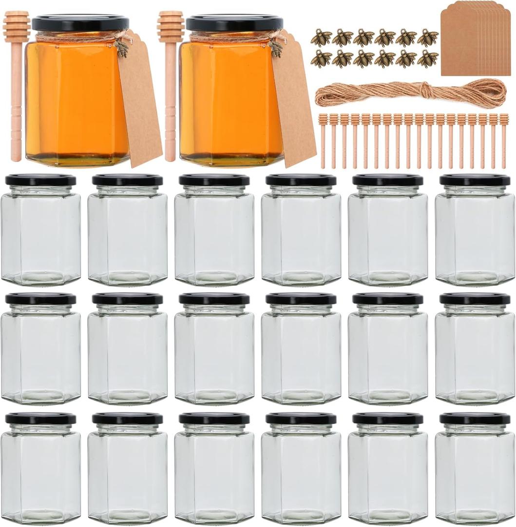 Woaiwo-q 10 oz Honey Jars with Dipper, 20 Pack Hexagon Glass Jars with Black Lids, Wooden Honey Sticks for Baby Shower Favors/Wedding Favors for Guests